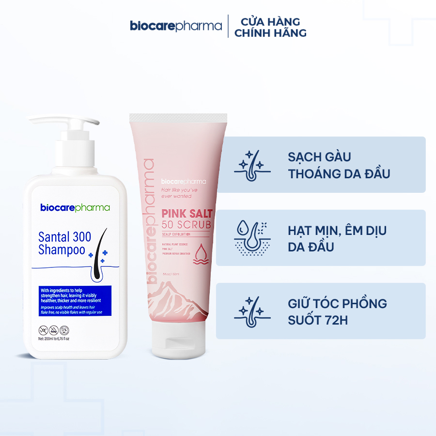 Combo dầu gội Santal 300 kết hợp tẩy tế bào chết da đầu Pink Salt 50 Scrub Biocare Pharma