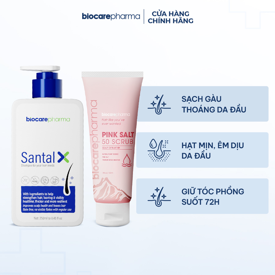 Combo dầu gội Santal X kết hợp tẩy tế bào chết da đầu Pink Salt 50 Scrub Biocare Pharma